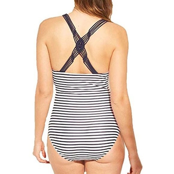 Kona Sol Swimsuit Small One Piece Shirred Navy Blue Stripe NWOT - Picture 4 of 12